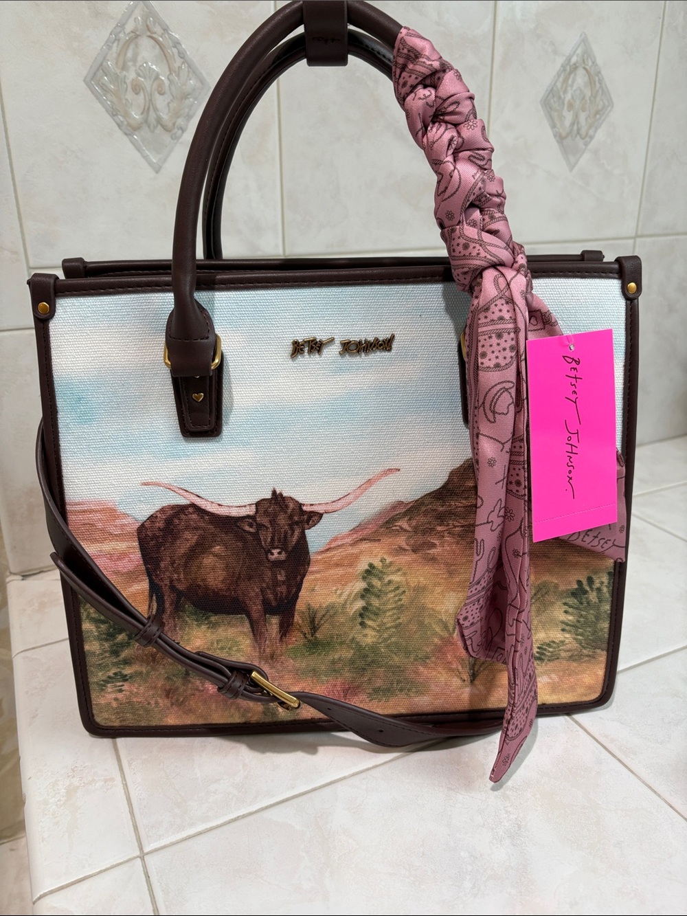 Betsey Johnson Brown Canvas Satchel with Pink Scarf Accent